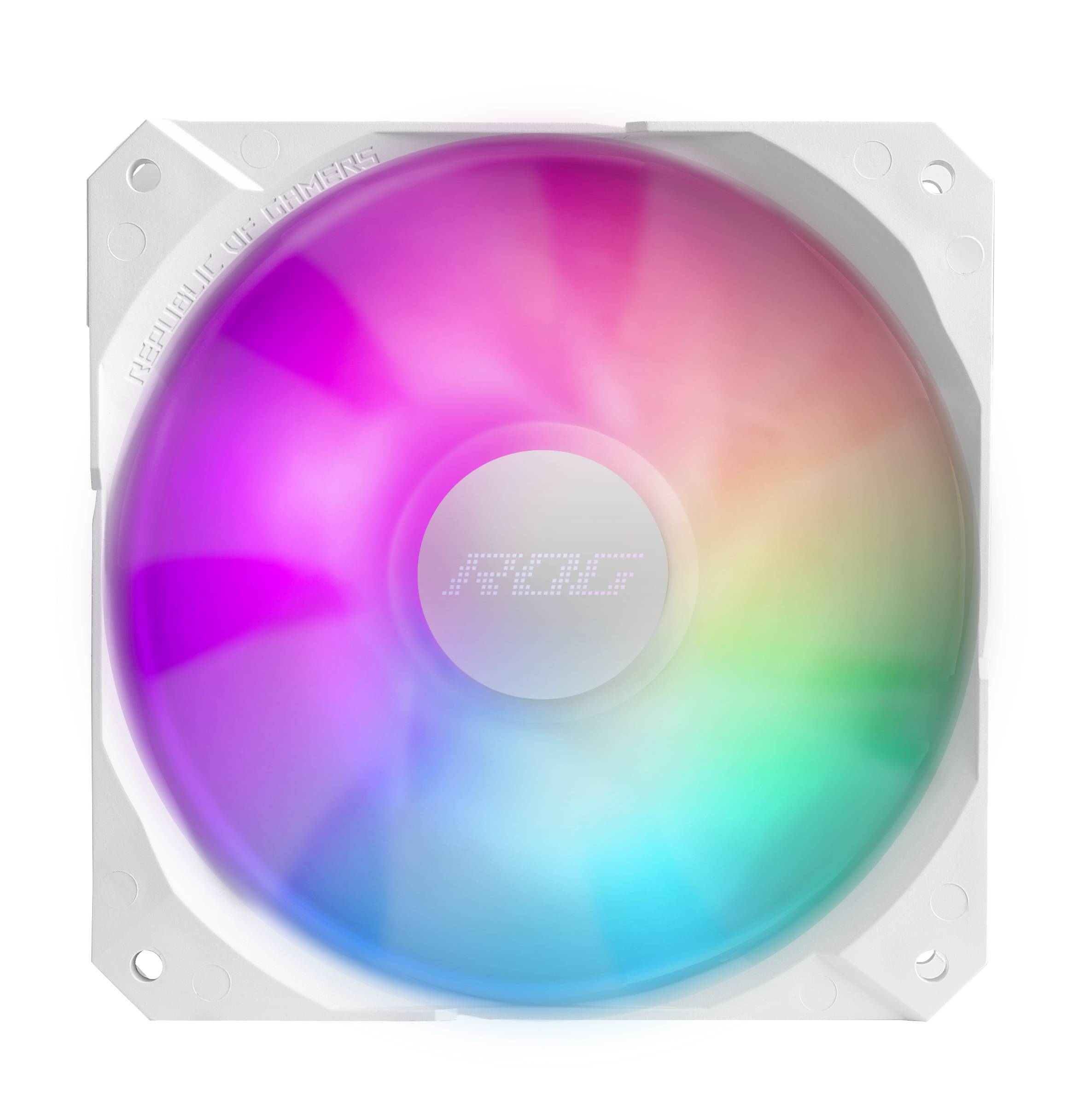 Ein weißer Computerlüfter mit buntem RGB-Licht, das in Regenbogenfarben leuchtet. In der Mitte steht 'ROG'.