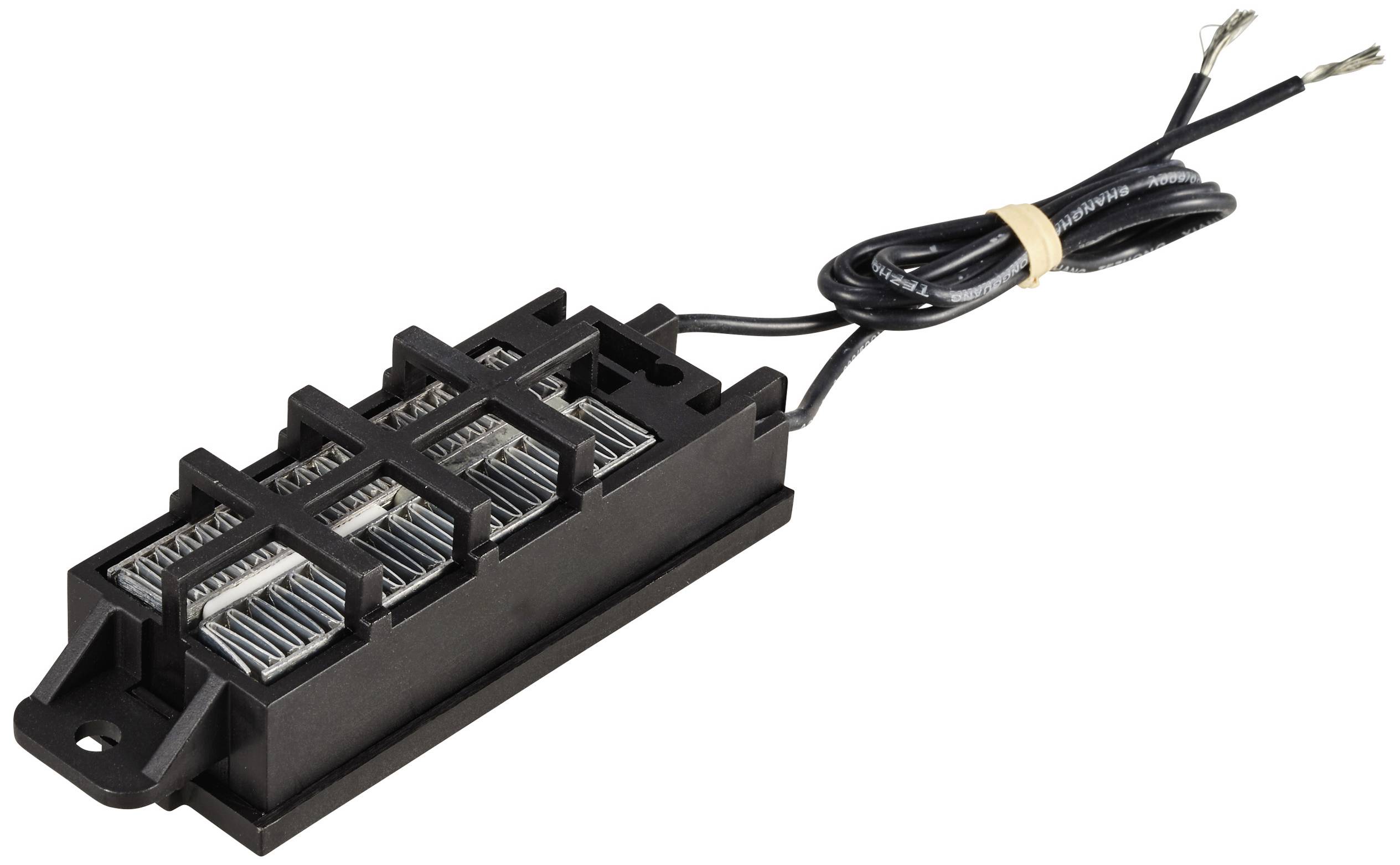 Ein schwarzes elektronisches Bauteil mit mehreren Steckplätzen und einem angeschlossenen Kabel, verwendet zur elektrischen Verbindung.