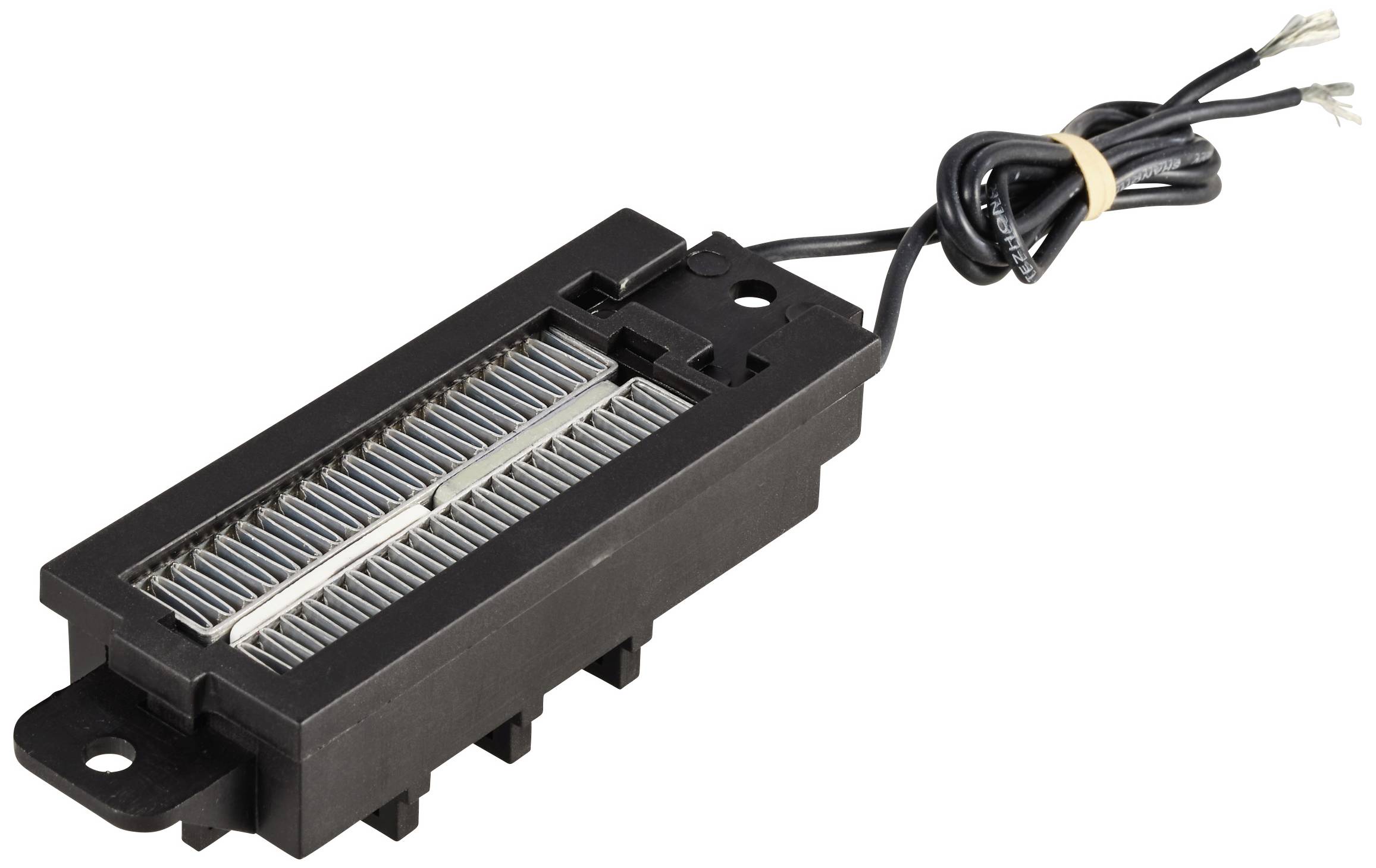 Ein schwarzer elektronischer Bauteil mit Kabeln. Das Bauteil hat eine rechteckige Form und zeigt metallische Lamellen in der Mitte.