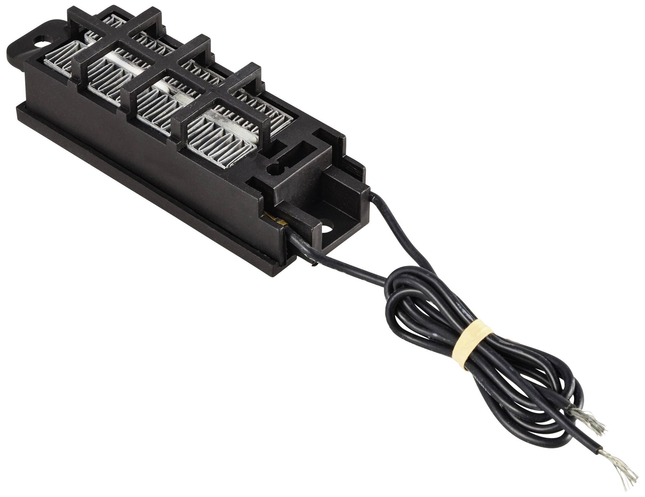 Schwarzes elektronisches Bauteil mit Kabelverbindungen, möglicherweise Teil eines elektrischen Schaltkreises oder einer technischen Hardware.