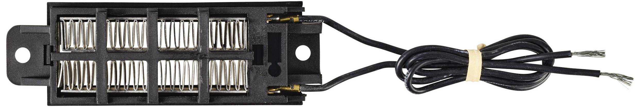 Schwarzer elektrischer Widerstand mit mehreren Metallgittern und zwei angeschlossenen schwarzen Kabeln rechts.