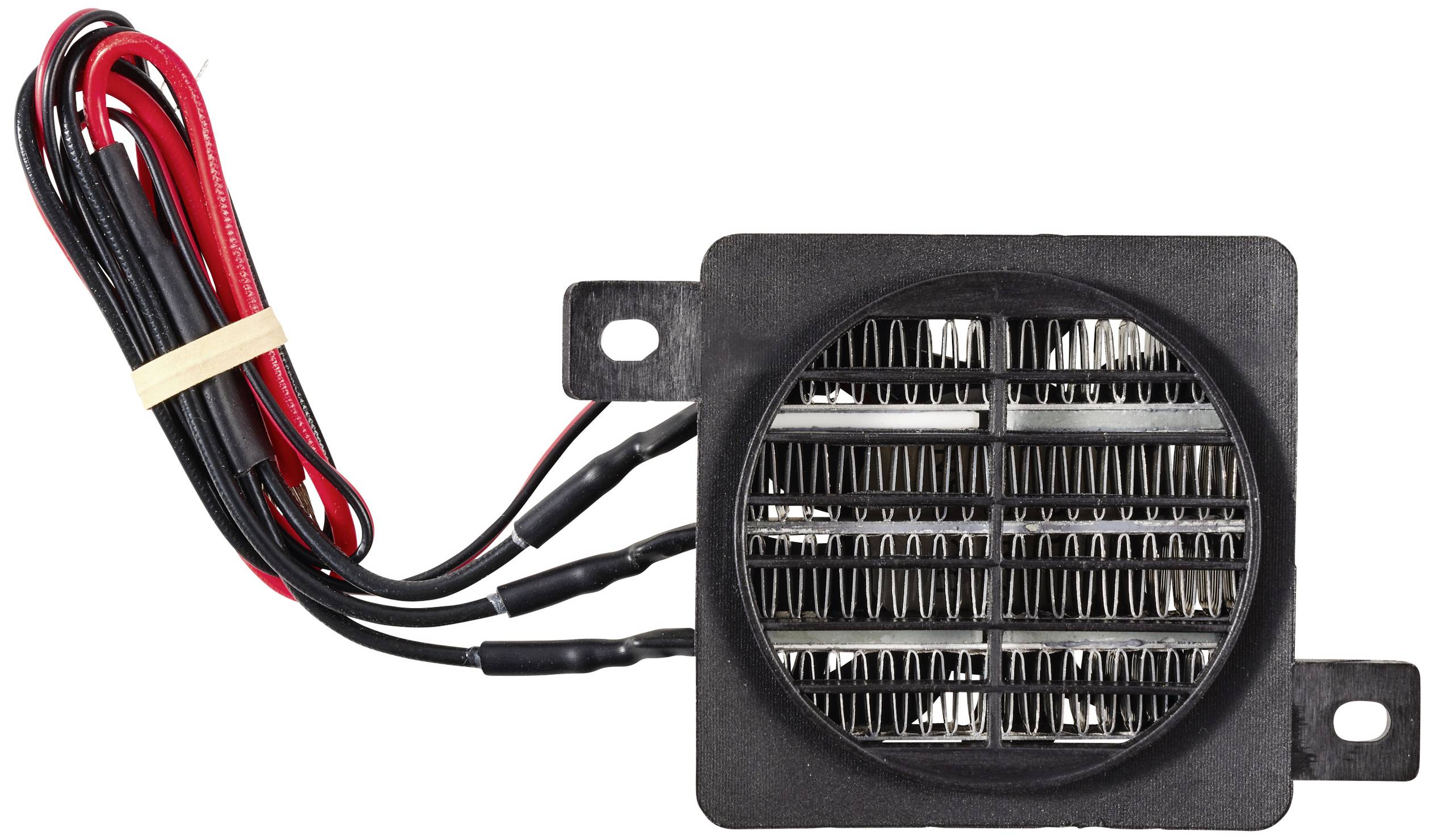 Ein schwarzer elektronischer Heizlüfter mit Kabeln; rechteckige Form, silberne Lamellen innen sichtbar. Verwendung für Heizsysteme.