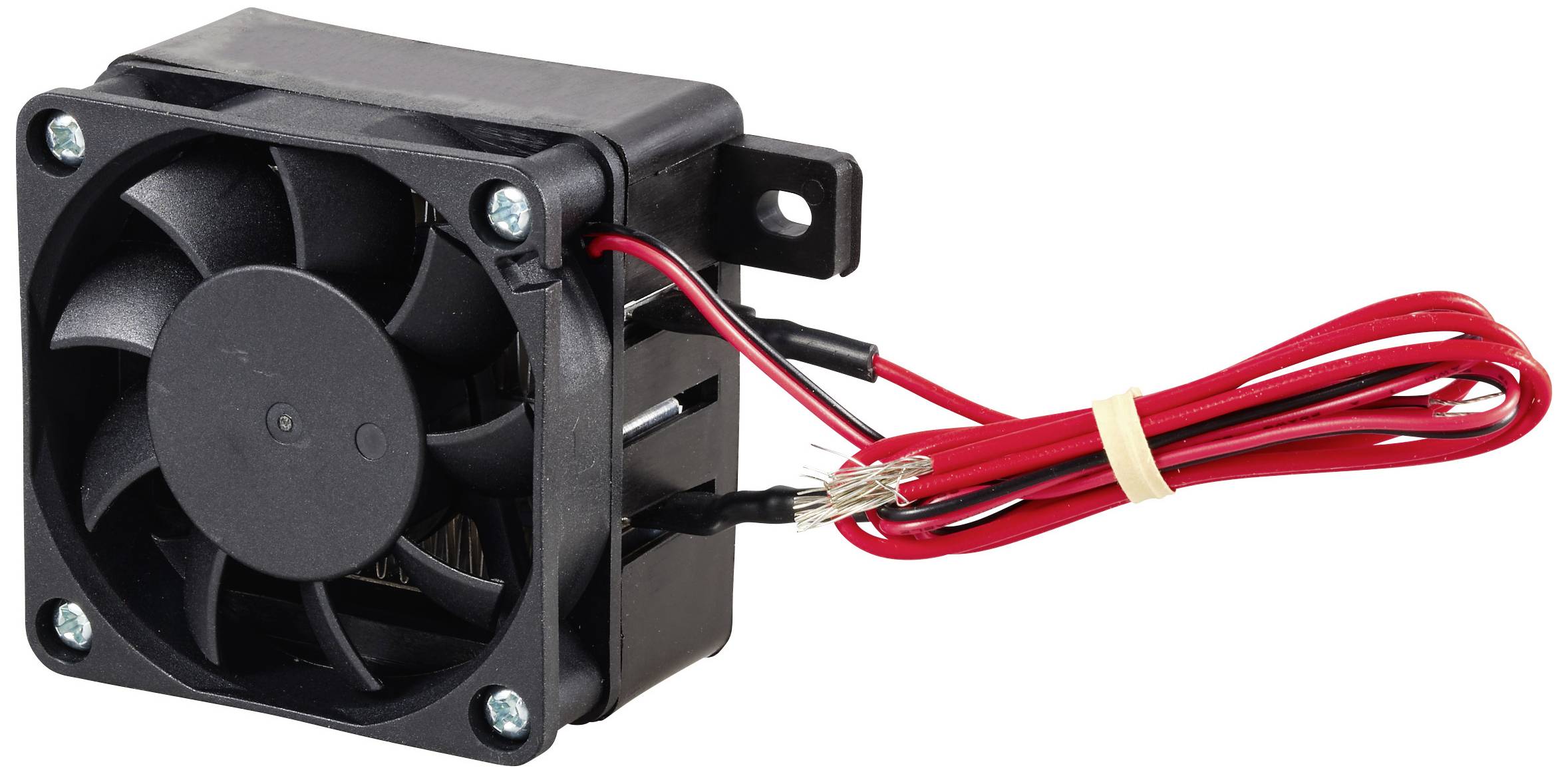 Kleiner schwarzer Kühlerlüfter mit roten und schwarzen Kabeln, geeignet für die Kühlung von elektronischen Geräten oder Computern.