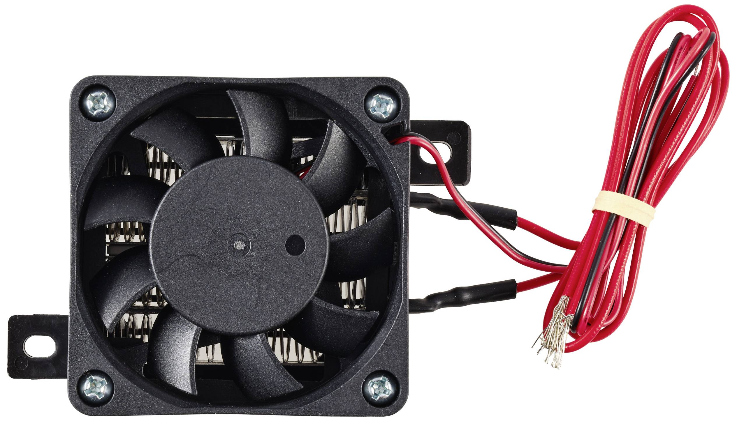 Ein kleiner, schwarzer Lüfter mit rotem Kabel, montiert an einer Metallkante. Der Lüfter hat fünf Rotorblätter und dient zur Kühlung.
