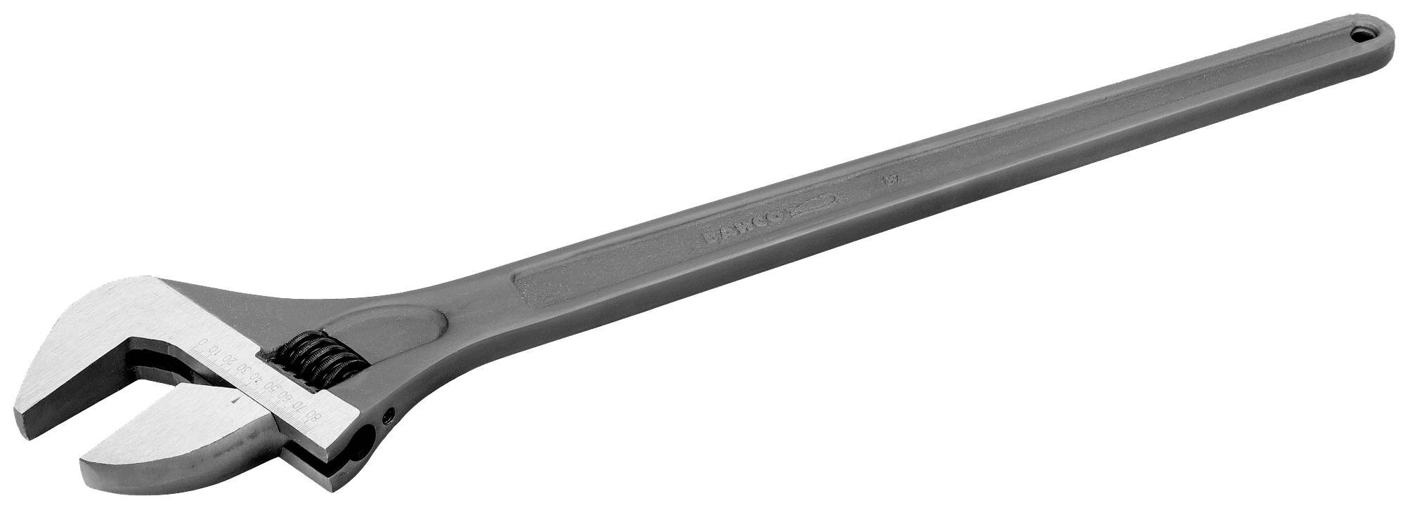 Verstellbarer Schraubenschlüssel aus Metall mit langem Griff, geöffnet zum Greifen verschiedener Schraubengrößen.