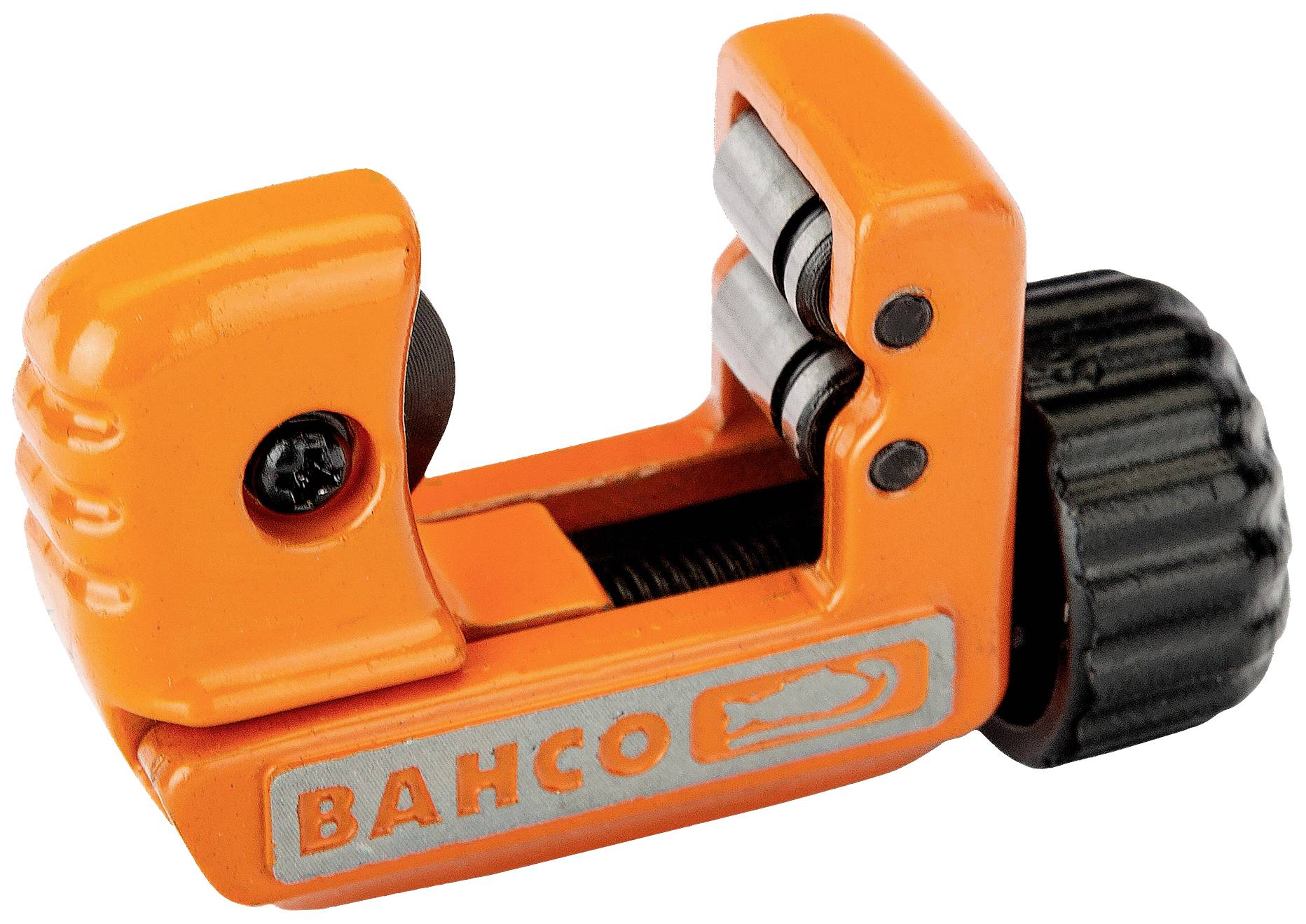 Oranger Rohrschneider mit schwarzem Griff, geeignet zum Schneiden von Rohren. Markenname 'Bahco' ist auf der Seite sichtbar.
