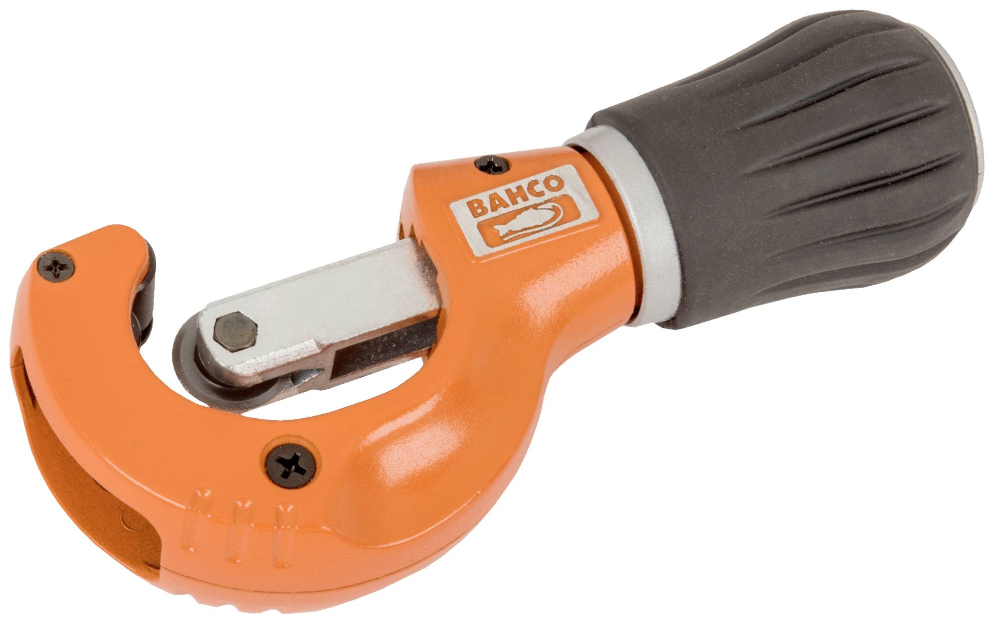 Ein orangefarbenes Rohrschneidewerkzeug mit schwarzem Griff, geeignet zum Schneiden von Metallrohren.