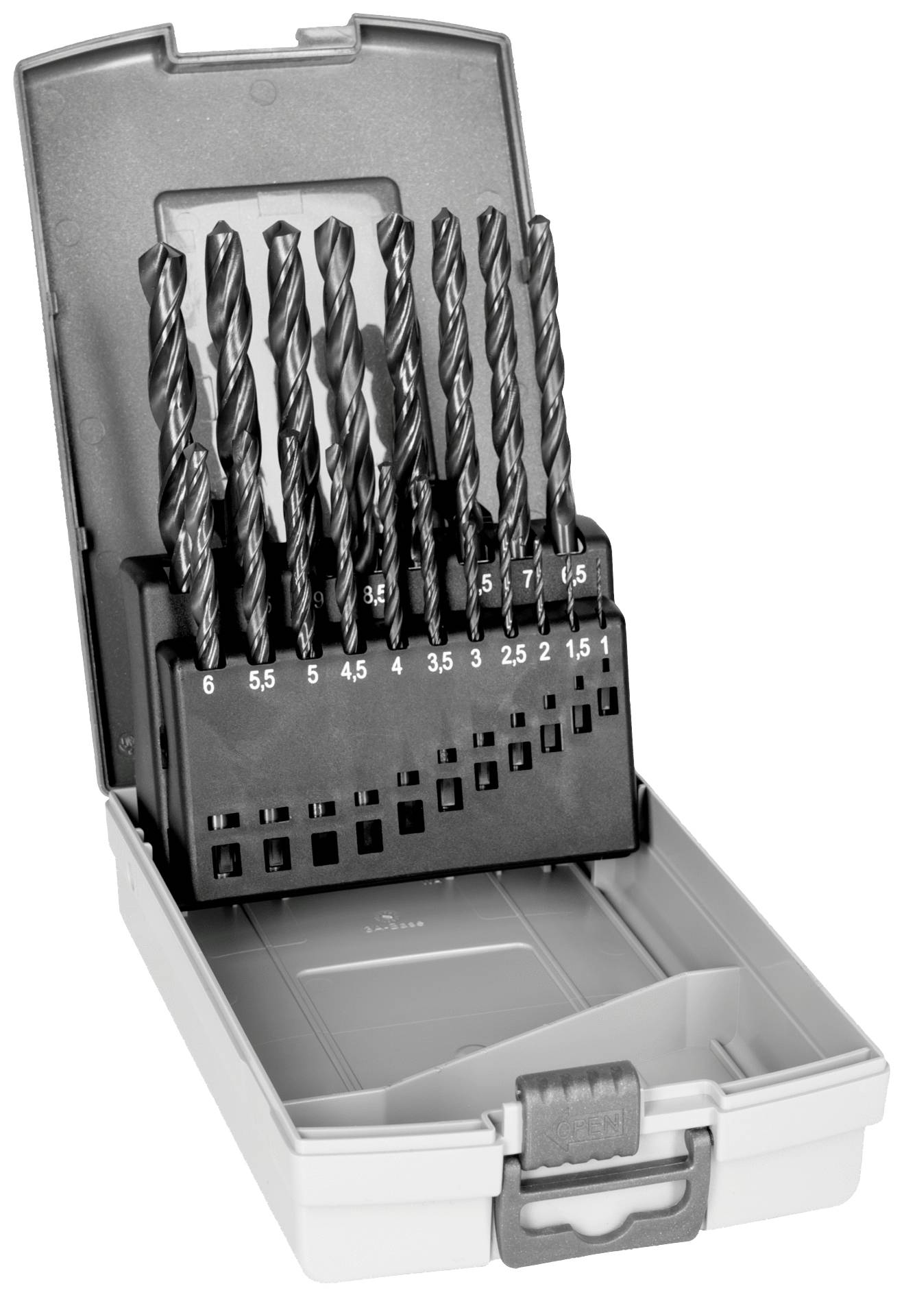 Bohrer-Set mit mehreren Bohrern in verschiedenen Größen, in einem offenen Kunststoffkoffer präsentiert. Geeignet für verschiedene Materialien.