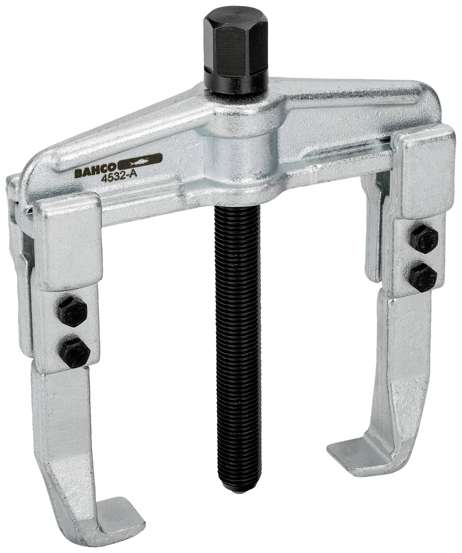 Silberner zweibeiniger Abzieher mit Gewindespindel und Bolzenabschluss, geeignet zum Entfernen von Lagern oder Zahnrädern.