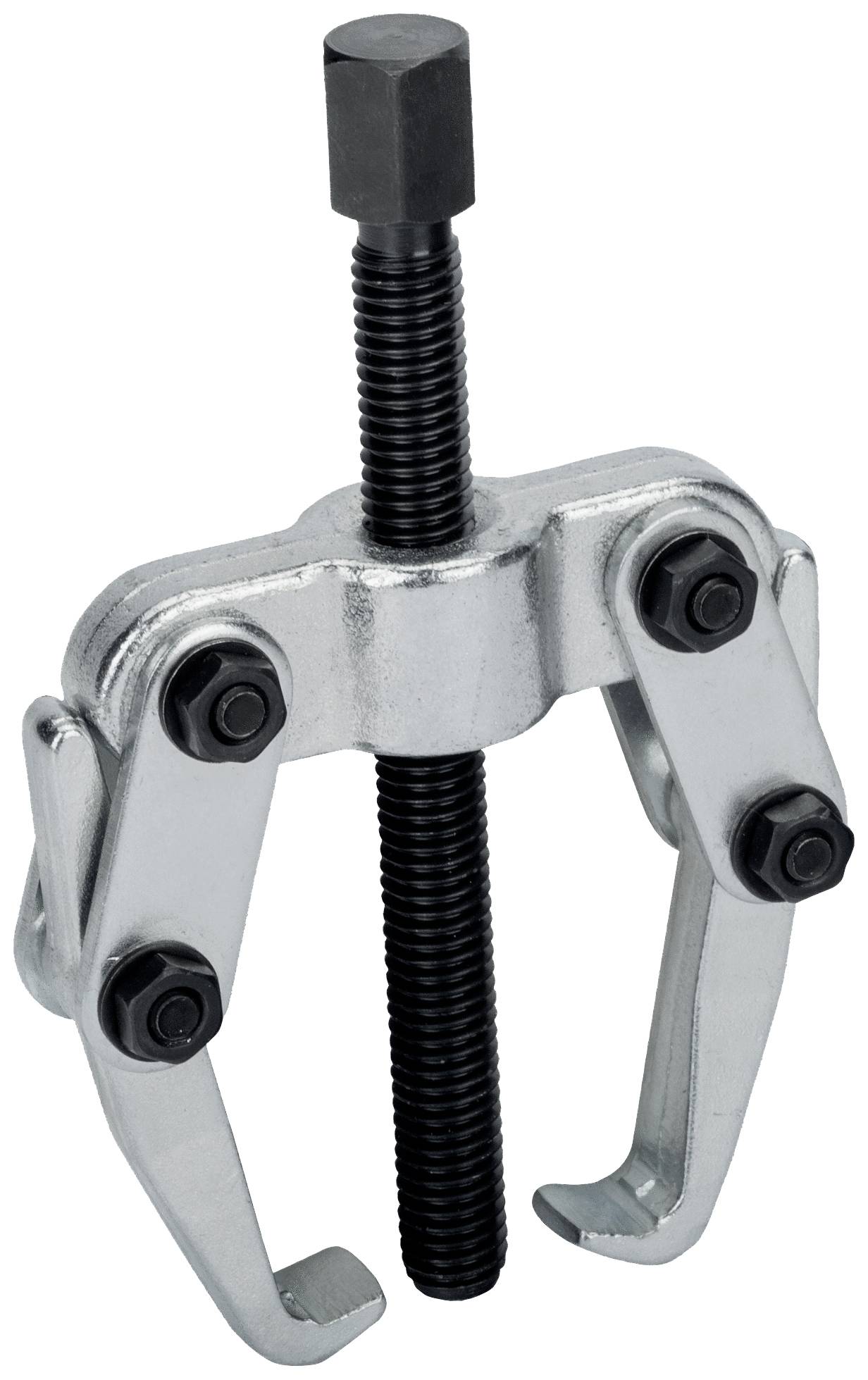 Ein mechanischer Abzieher in silberner Farbe, mit zwei Greifarmen und einer schwarzen Schraube, zum Lösen von festsitzenden Teilen.