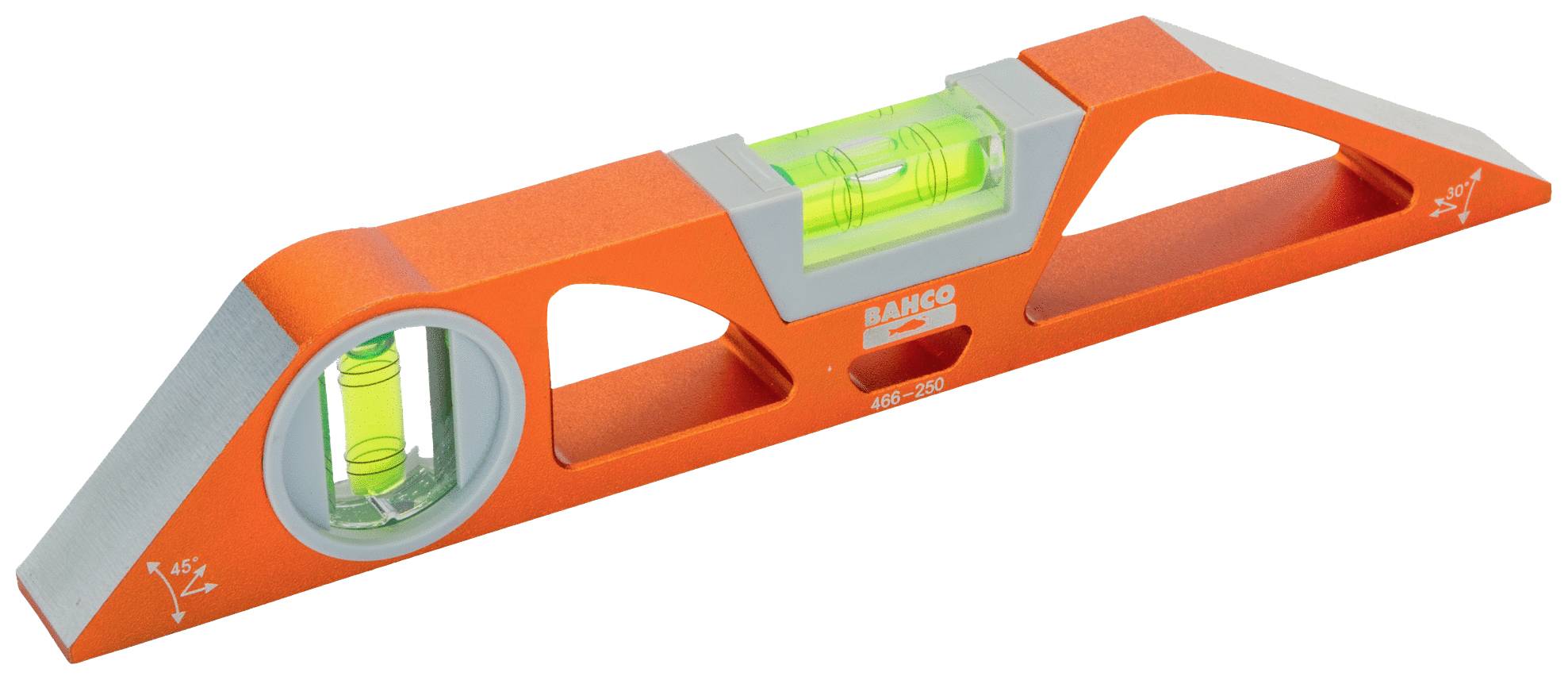 Wasserwaage mit orangefarbenem Gehäuse und zwei Libellen, eine horizontal und eine vertikal, zur genauen Ausrichtung.
