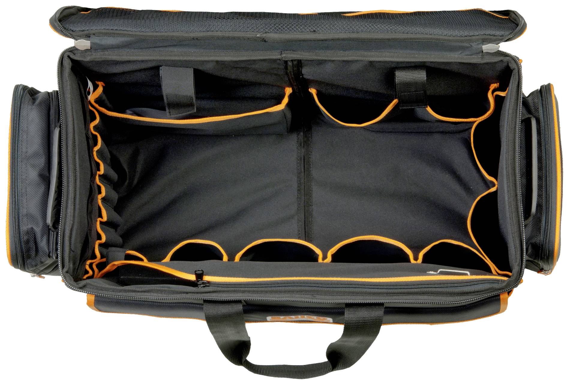 Offene schwarze Tasche mit orangefarbenen Nähten und mehreren Fächern. Perfekt zur Aufbewahrung und Organisation von Werkzeugen oder Zubehör.