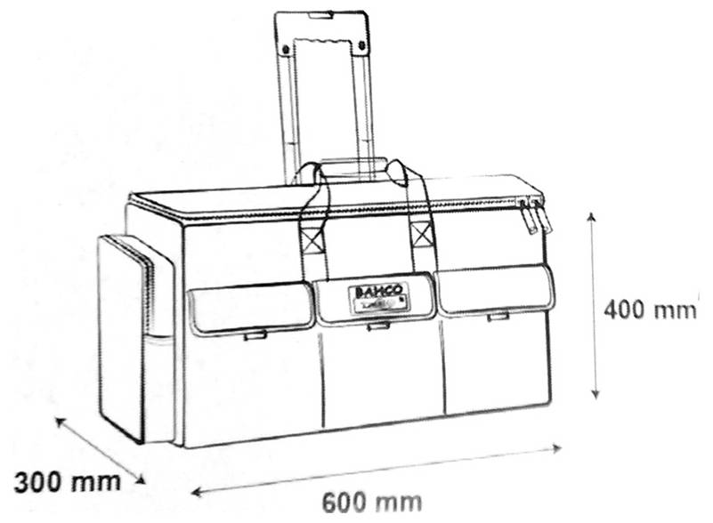 Technische Zeichnung einer tragbaren Tasche oder eines Gehäuses mit Griff, mit folgenden Abmessungen: 600 mm breit, 400 mm hoch und 300 mm tief.