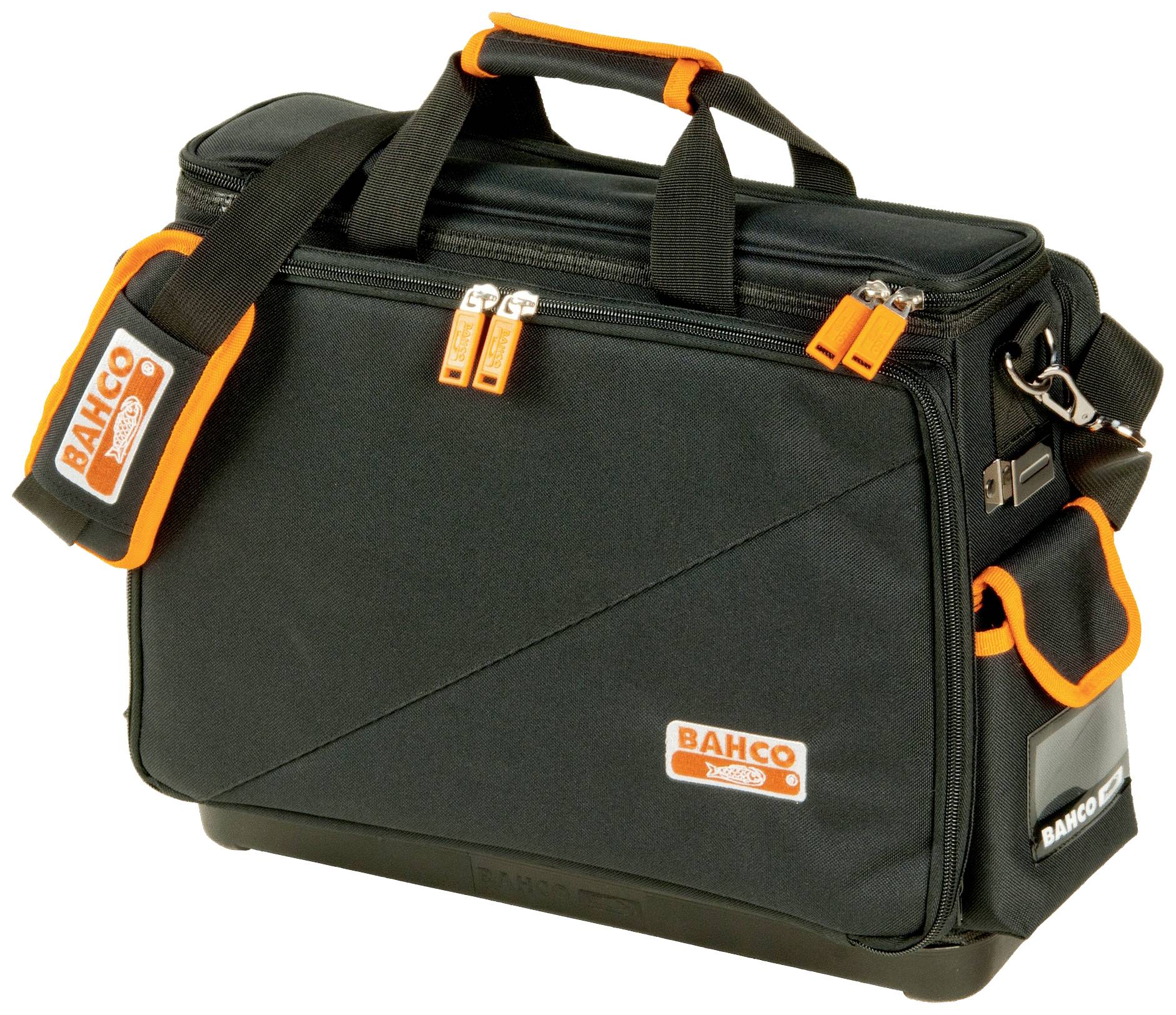 Eine schwarze Werkzeugtasche mit orangefarbenen Details und mehreren Fächern, markiert mit 'Bahco'. Ideal zur Aufbewahrung von Werkzeugen.