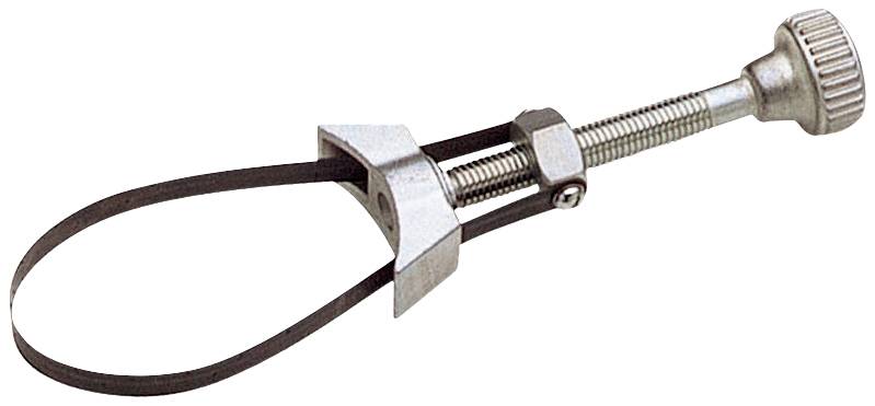 Metalldreher-Schlüsselwerkzeug mit verstellbarem Gürtel und Schraubgriff zur Entfernung und Befestigung von Flaschenverschlüssen.