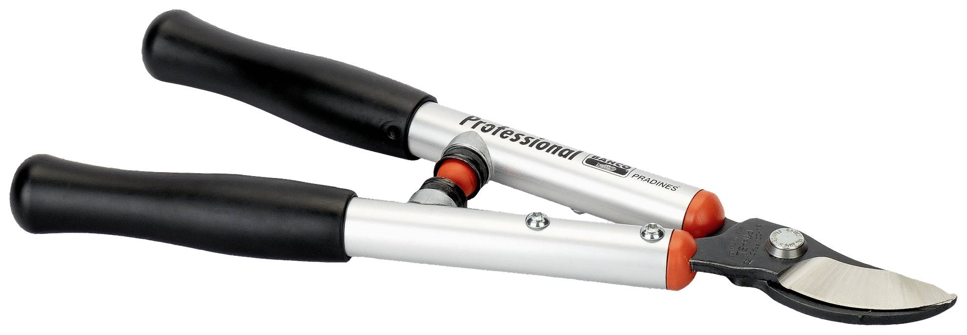 Gartenschere mit schwarz-silbernem Griff und orangefarbenen Details, geöffnet, auf weißem Hintergrund.
