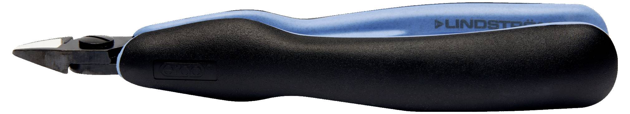 A blue and black-handled precision wire cutter with sharp blades.