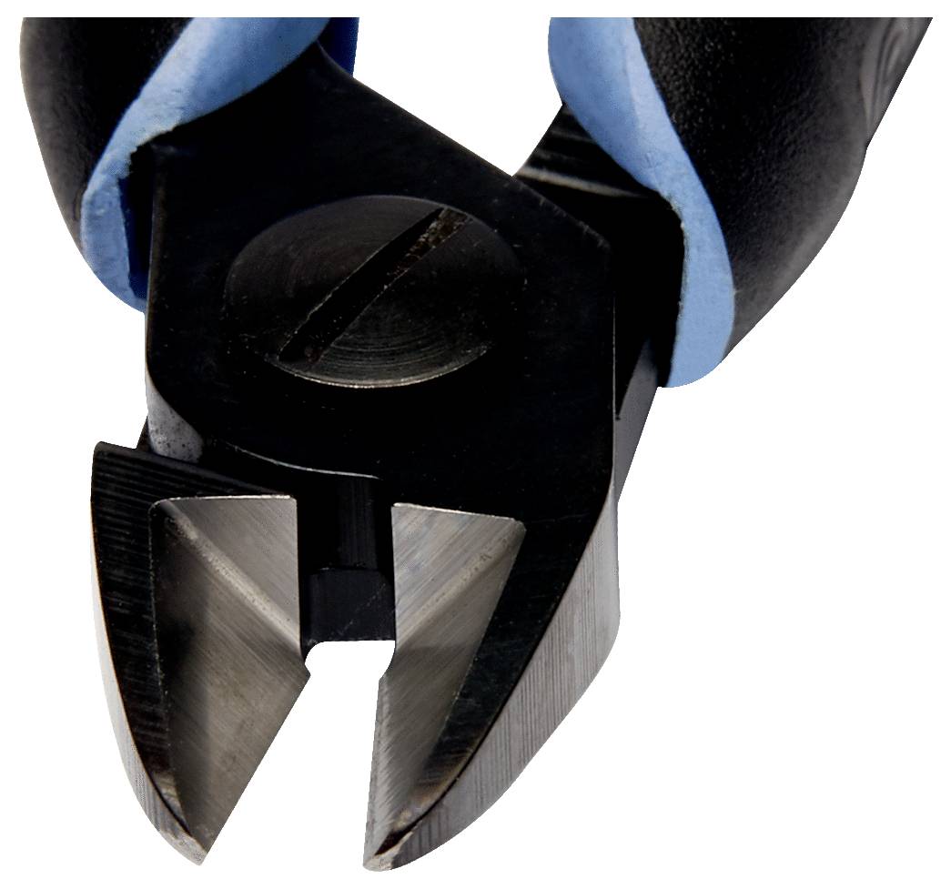 Close-up of angled pliers with black and blue handles. The sharp, metallic cutting edges are prominent at the image's center.