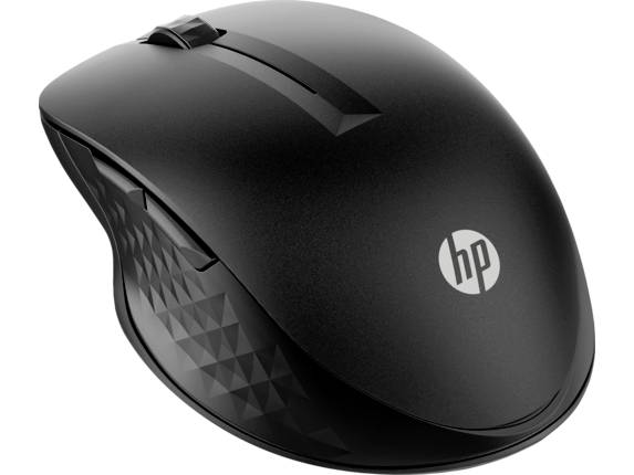 Schwarze kabellose Computermaus mit seitlichen Tasten und HP-Logo auf der Oberseite. Die Oberfläche ist glatt und ergonomisch geformt.