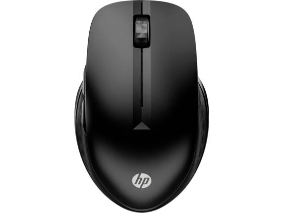 Schwarze drahtlose Computermaus von oben, mit HP-Logo unten in der Mitte.