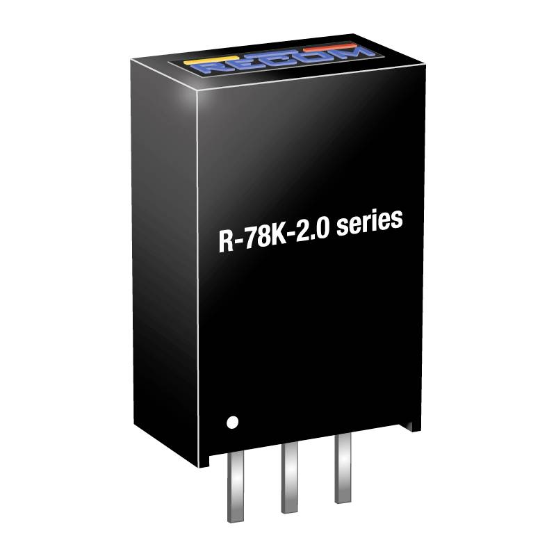 'R-78K-2.0 series'-Spannungsregler in Schwarz mit drei Anschlüssen.