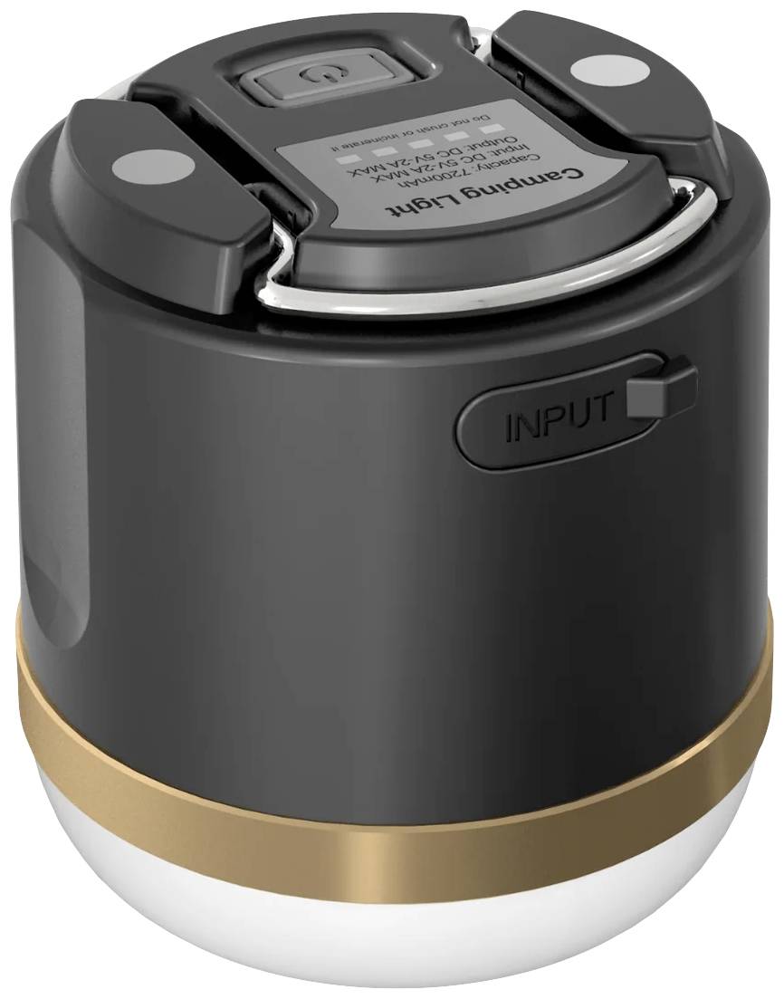 Tragbare schwarze Campinglampe mit goldener Umrandung und USB-Anschluss.