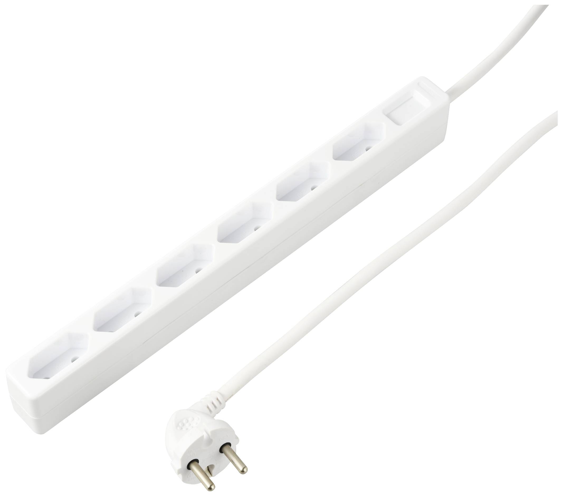 Weiße Steckdosenleiste mit sechs Anschlüssen und einem Kabel mit Stecker, geeignet für die Stromversorgung mehrerer Geräte.