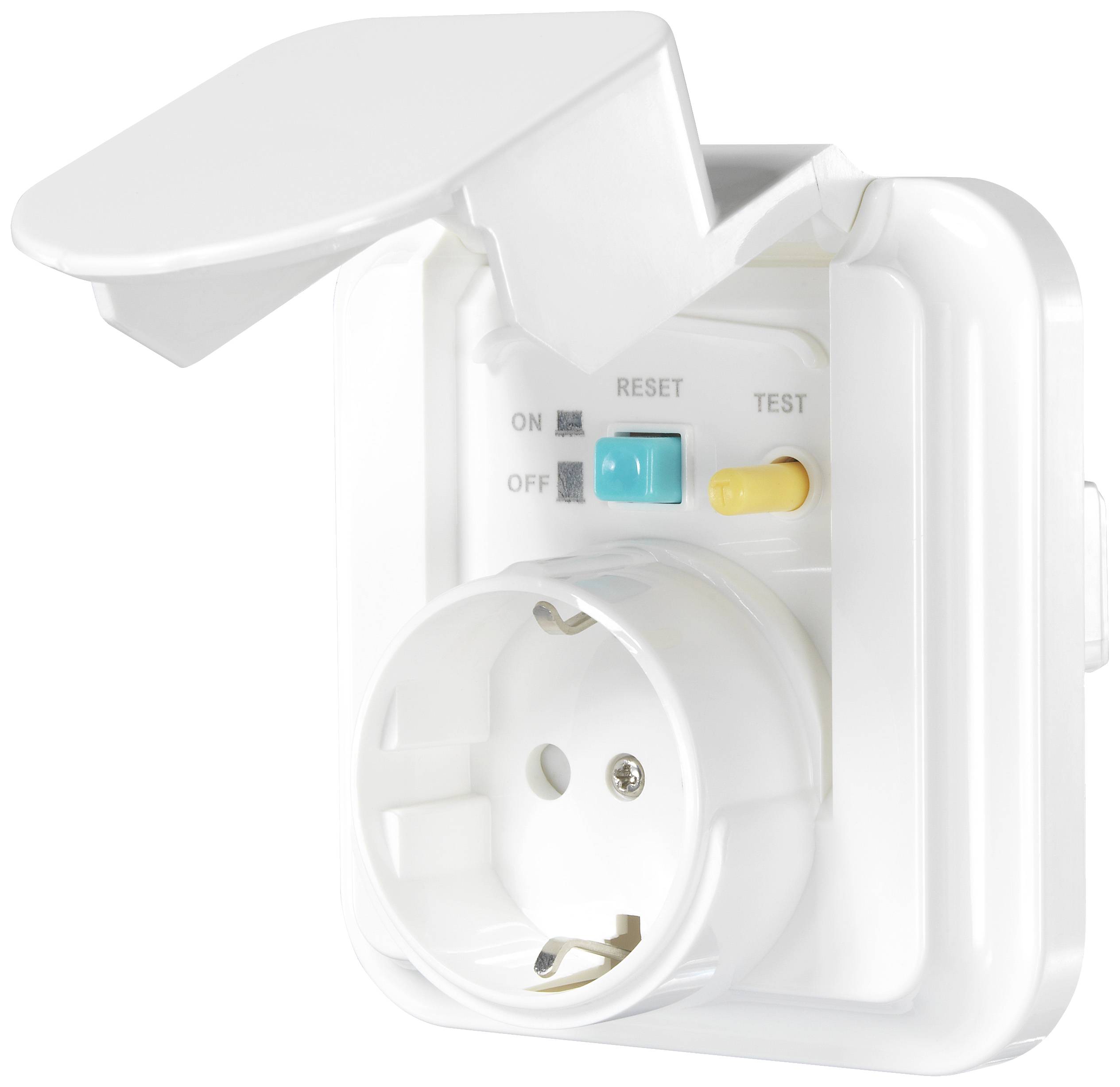 Weißer Schutzkontaktstecker mit Abdeckung, Reset- und Testknopf. Steckdose für elektronische Geräte, bietet zusätzlichen Schutz.