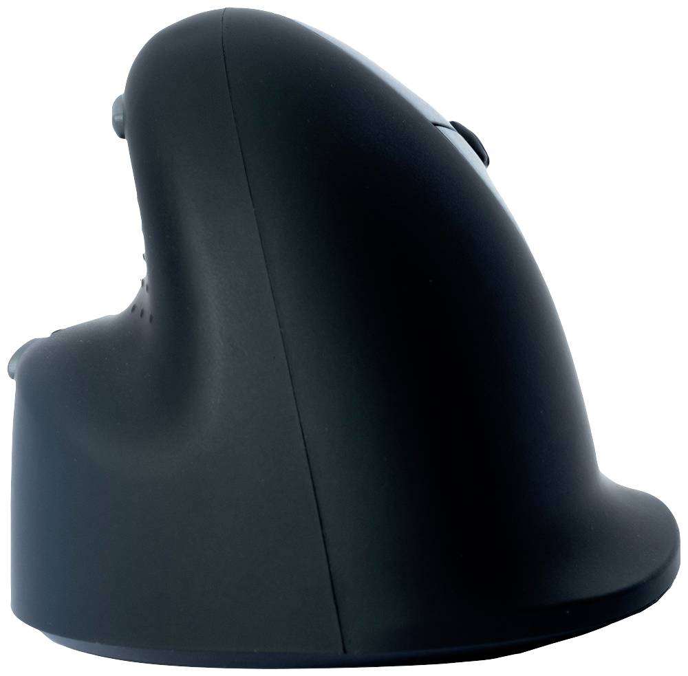 Ergonomische vertikale Computermaus in schwarzer Farbe, seitliche Ansicht.