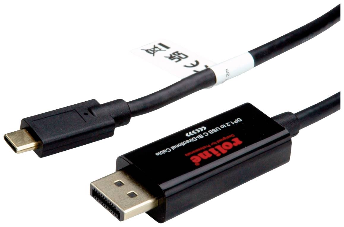 USB-C-auf-DisplayPort-Kabel mit roter 'Roland'-Aufschrift auf dem Stecker.