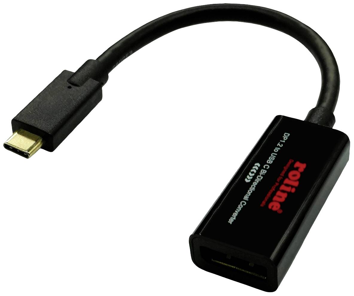 'Roline' Adapter für Konvertierung von USB-C zu DisplayPort 1.2. Schwarzes Kabel mit USB-C Stecker auf der einen und DisplayPort Anschluss am anderen Ende.