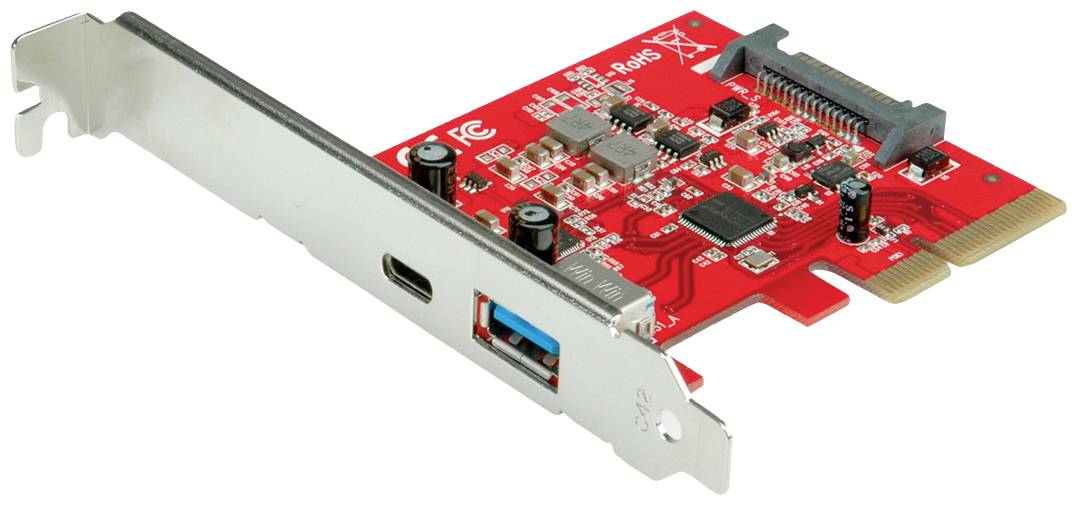 Rote PCIe-Erweiterungskarte mit USB 3.0-, USB-C- und SATA-Anschlüssen für Computererweiterungen.