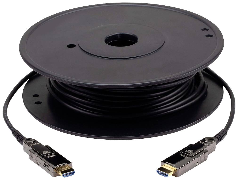 Große Kabelrolle mit aufgewickeltem HDMI-Kabel; an beiden Enden befinden sich HDMI-Stecker.