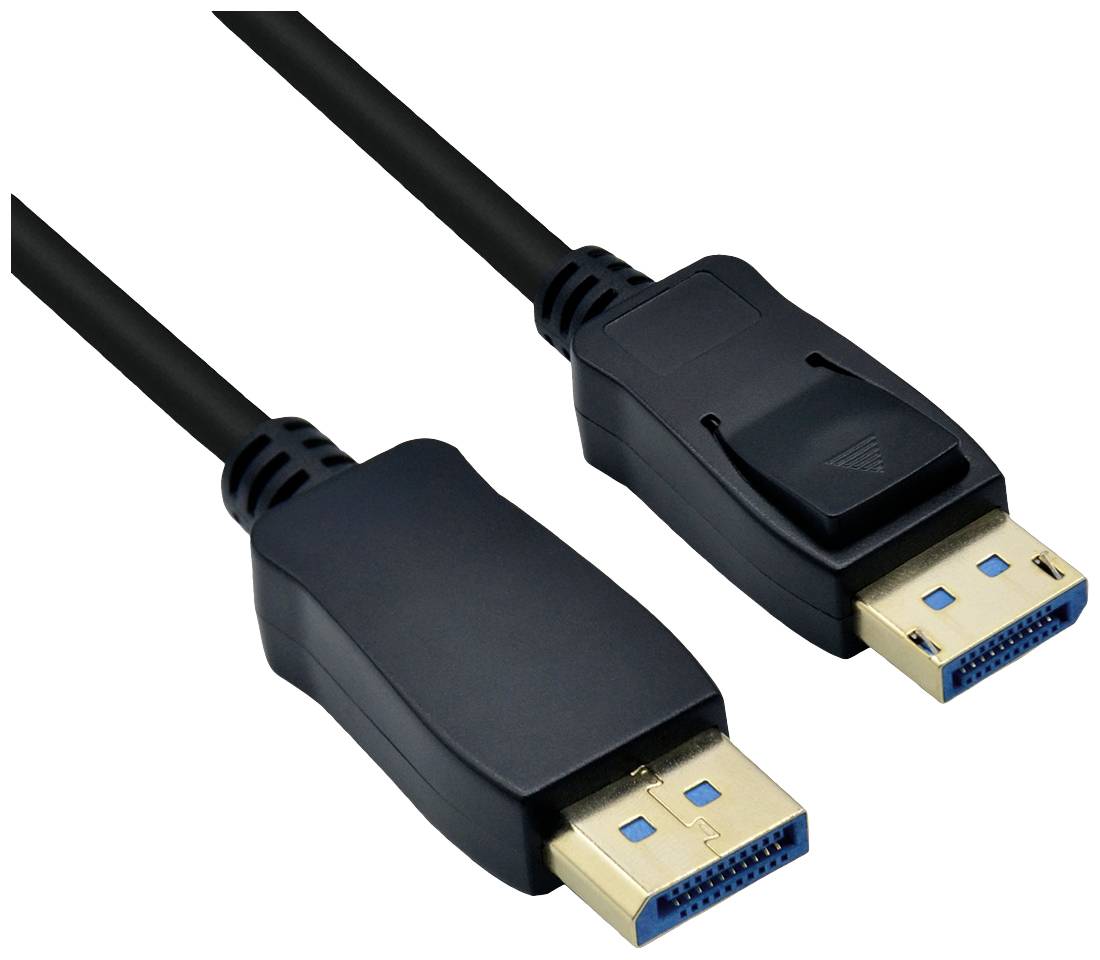 Zwei DisplayPort-Kabelstecker mit schwarzen Kabeln nebeneinander liegend. Der rechte Stecker zeigt nach oben.