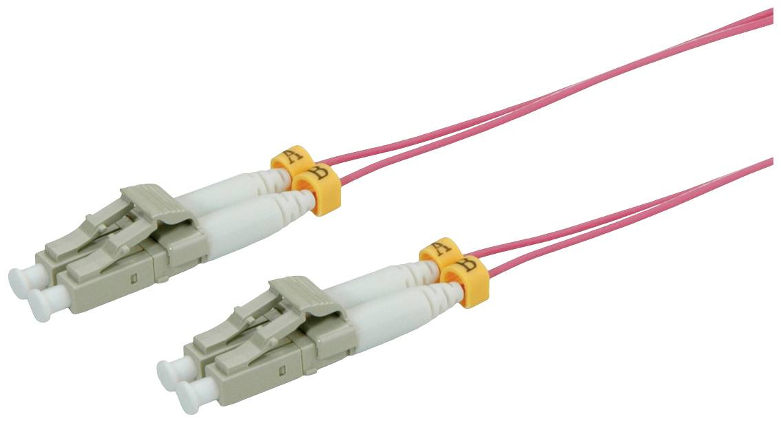 Zwei LC-Duplex-Glasfaserkabel mit rosa Ummantelung und beige Steckverbindern