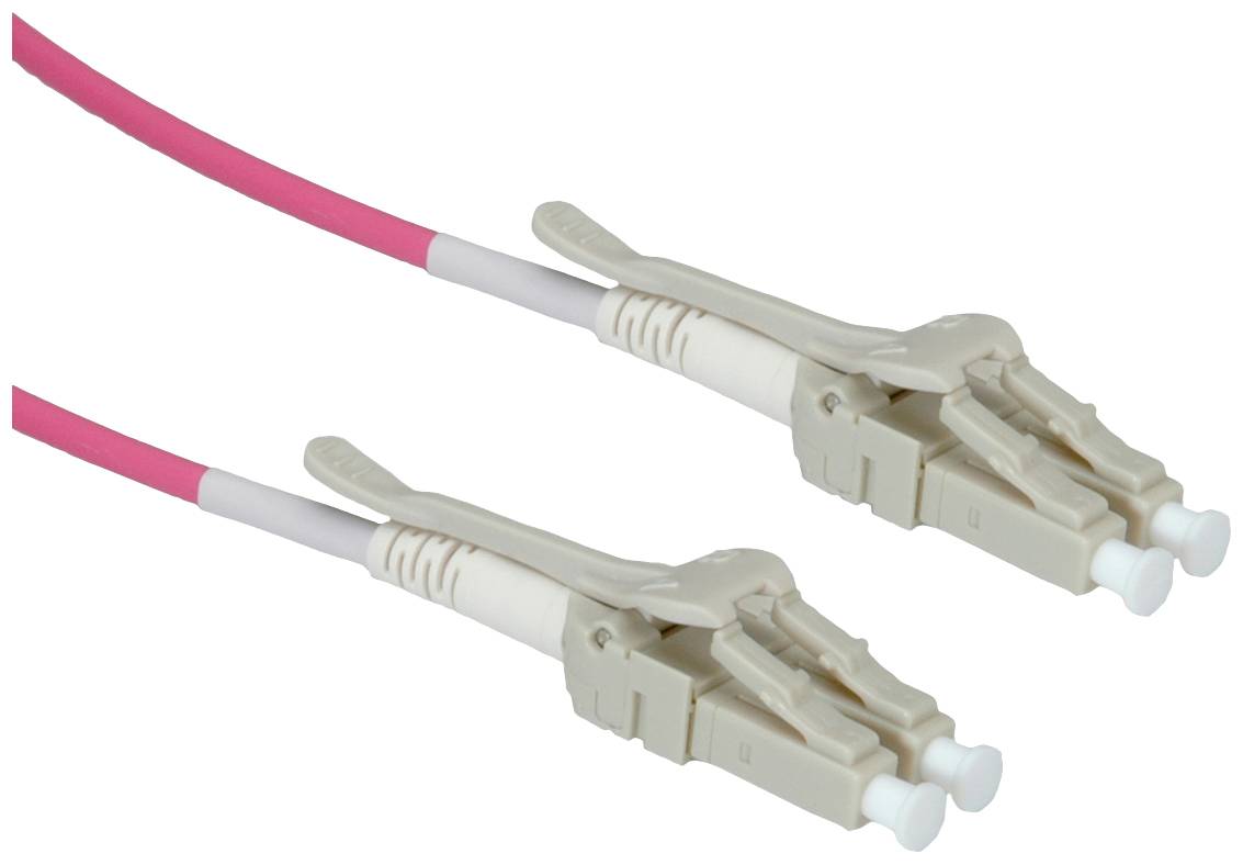 Ein doppelter LWL-Kabelstecker mit grauem Gehäuse und pinkem Kabel. Geeignet für schnelle Datenübertragung in Netzwerksystemen.