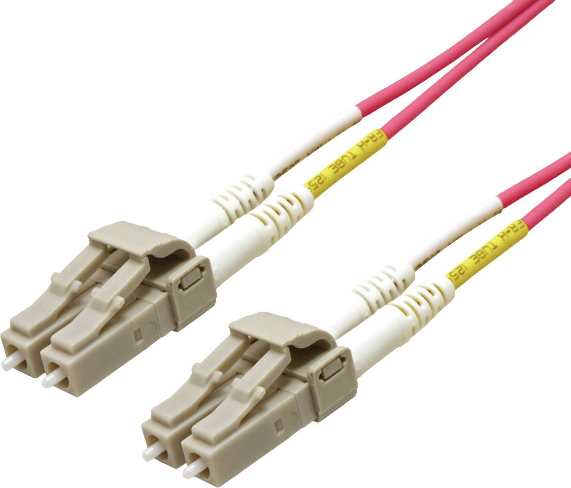 Zwei beige LC-Faseroptik-Stecker mit rosa Kabeln, die für Netzwerkverbindungen verwendet werden.