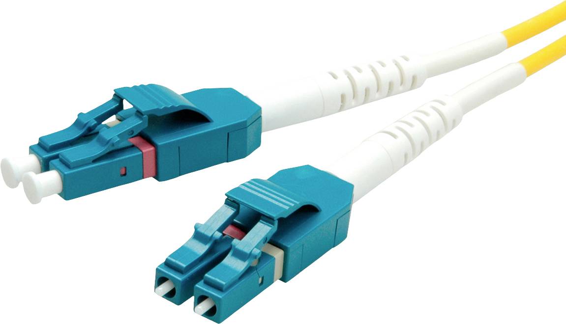 Zwei blaue LC-Faseroptik-Stecker mit gelben Kabeln auf weißem Hintergrund, verwendet für Hochgeschwindigkeits-Datenverbindungen.