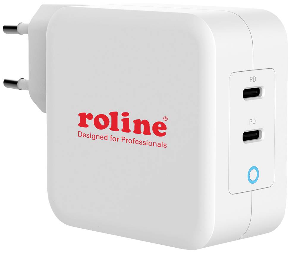 Ein weißes USB-Ladegerät mit zwei USB-C-Anschlüssen und der Aufschrift 'roline Designed for Professionals' in roter Farbe.