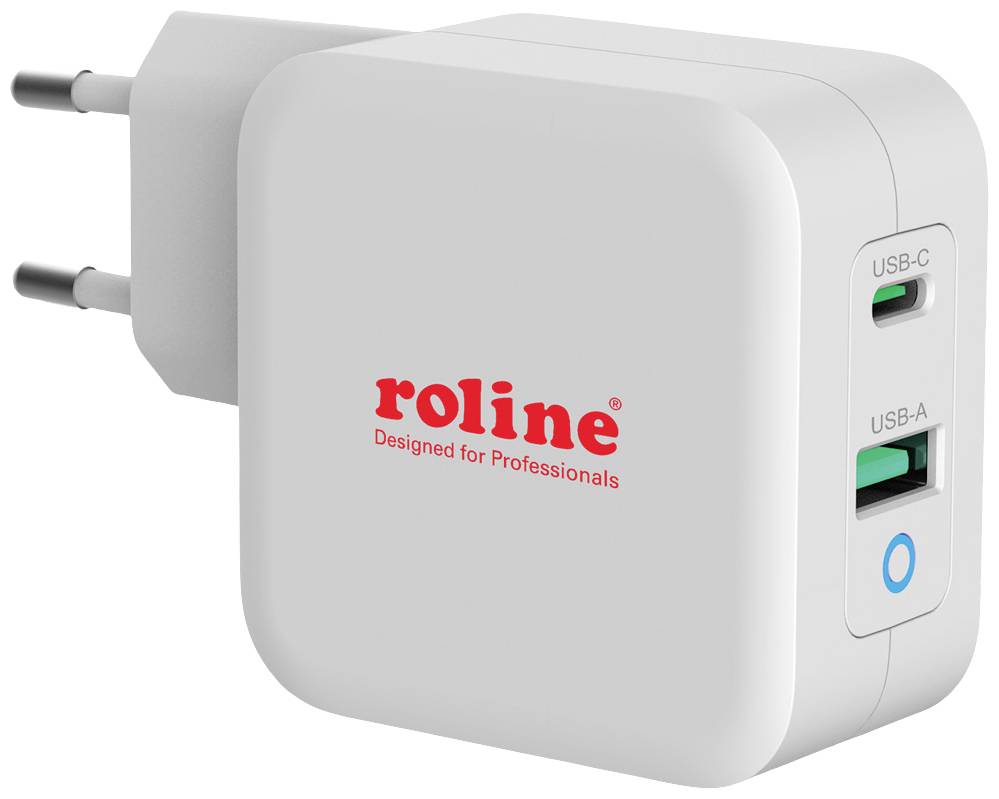 Ein weißes Ladegerät mit zwei Anschlüssen: USB-C und USB-A. Markiert mit 'roline Designed for Professionals' in roter Schrift.