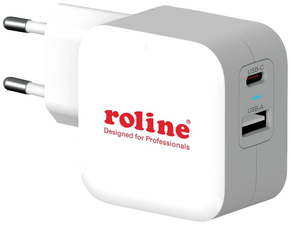 Weißes USB-Ladegerät mit zwei Anschlüssen, USB-C oben und USB-A unten, Marke 'roline', Text 'Designed for Professionals'.