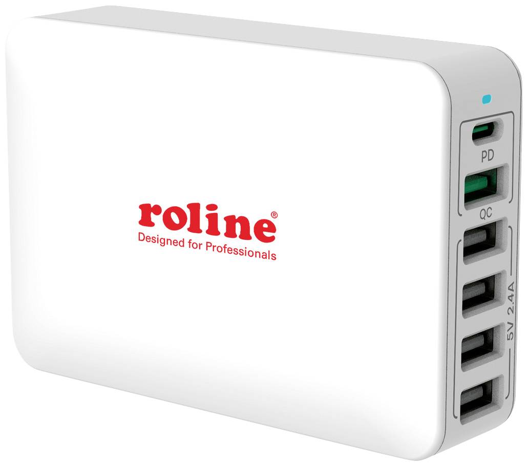 Weiße Mehrfachsteckdose mit vier USB-Anschlüssen, davon einer grün hervorgehoben. Markenname 'roline' und Slogan 'Designed for Professionals' in Rot.