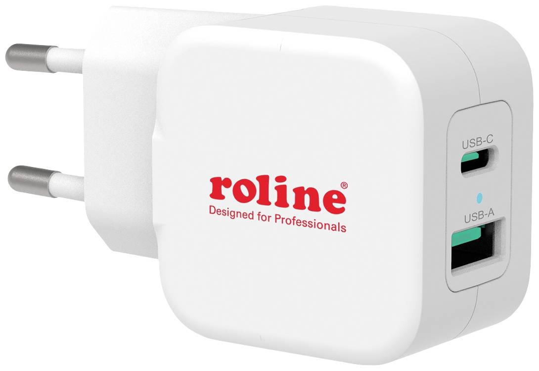 Weißer Roline-Stecker mit USB-C- und USB-A-Anschlüssen. Text: 'Designed for Professionals'.