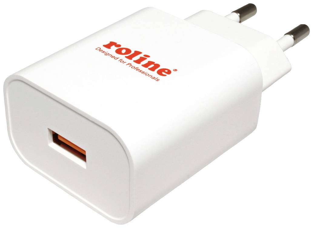 Weißes USB-Ladegerät mit der Aufschrift 'roline Designed for Professionals' in roter Schrift, europäischer Stecker.