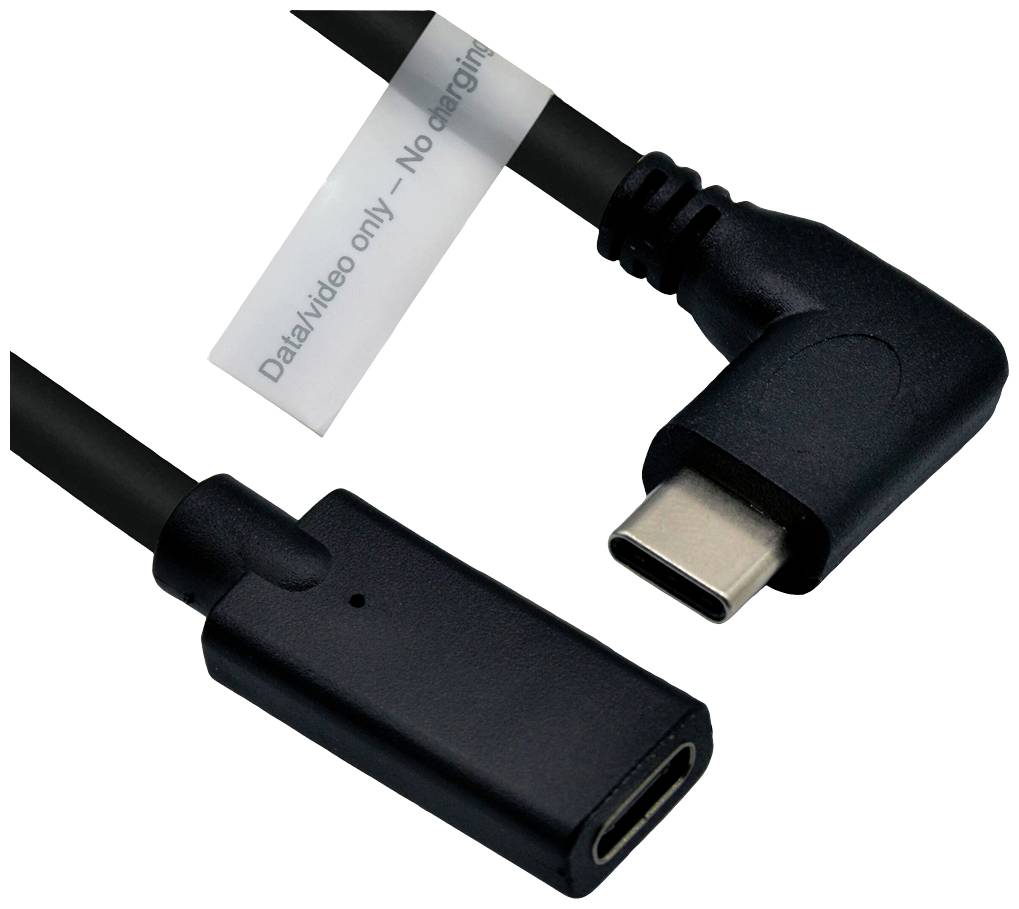 Schwarzes USB-C-Kabel mit L-Form-Stecker und Etikett 'Data/Video only – No charging', das anzeigt, dass Laden nicht möglich ist.