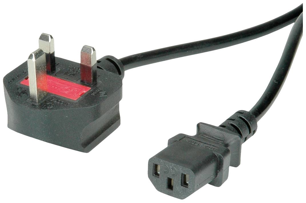Schwarzes Netzkabel mit britischem dreipoligen Stecker und C13-Buchse, häufig für Computer und Haushaltsgeräte verwendet.