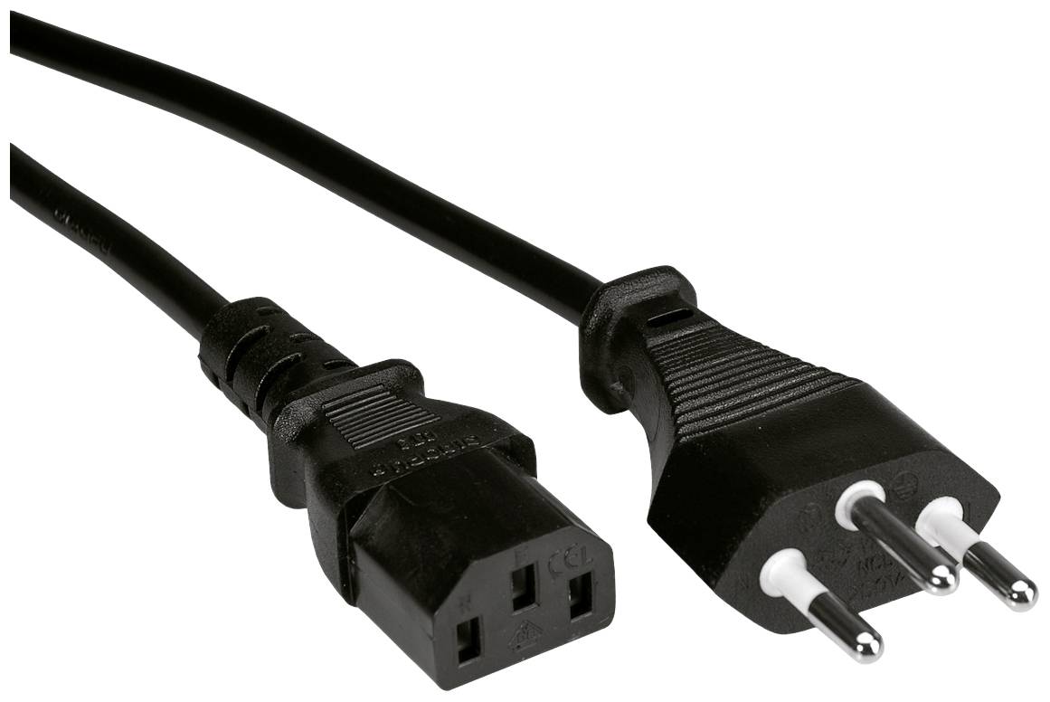 Ein IEC-320-C13-Stecker und ein europäischer Schuko-Stecker, verbunden durch ein schwarzes Kabel.