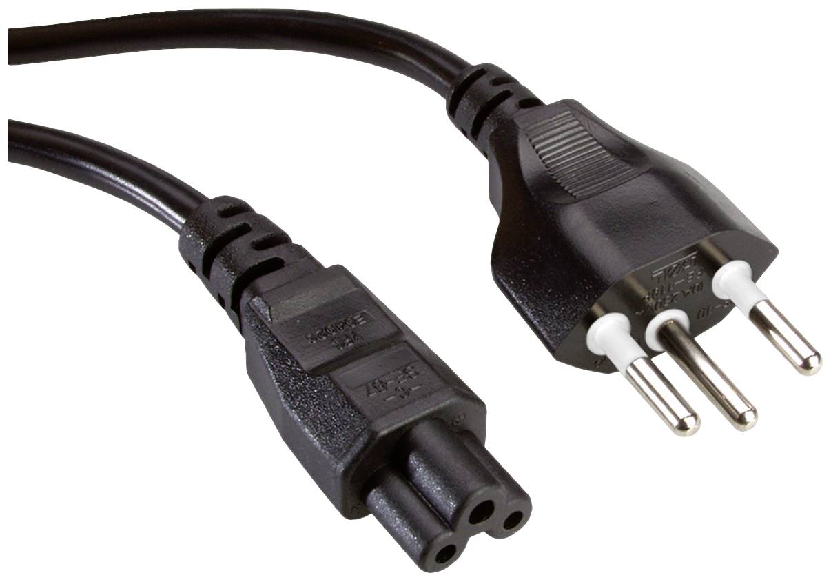 Ein schwarzes Netzkabel mit einem dreipoligen Stecker und einer dreifachen Buchse, geeignet für elektrische Geräteanschlüsse.