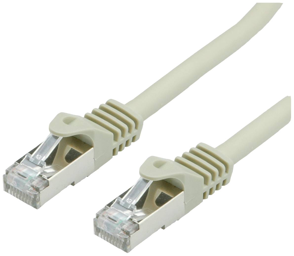 Zwei beige Ethernet-Kabel mit RJ-45-Steckern für Netzwerkverbindungen.