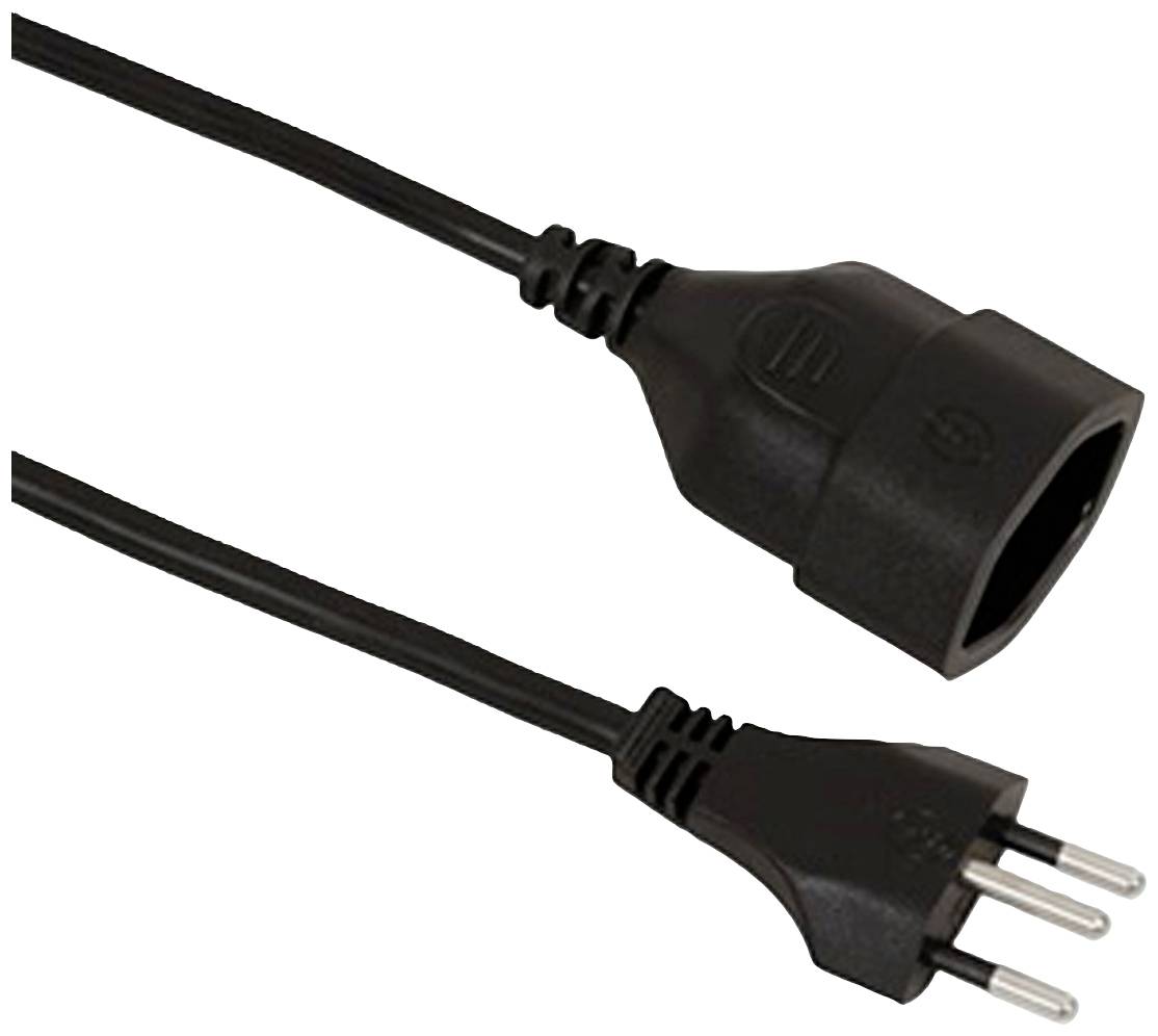 Ein schwarzes Netzkabel mit einem Stecker mit drei runden Stiften und einer Buchse.